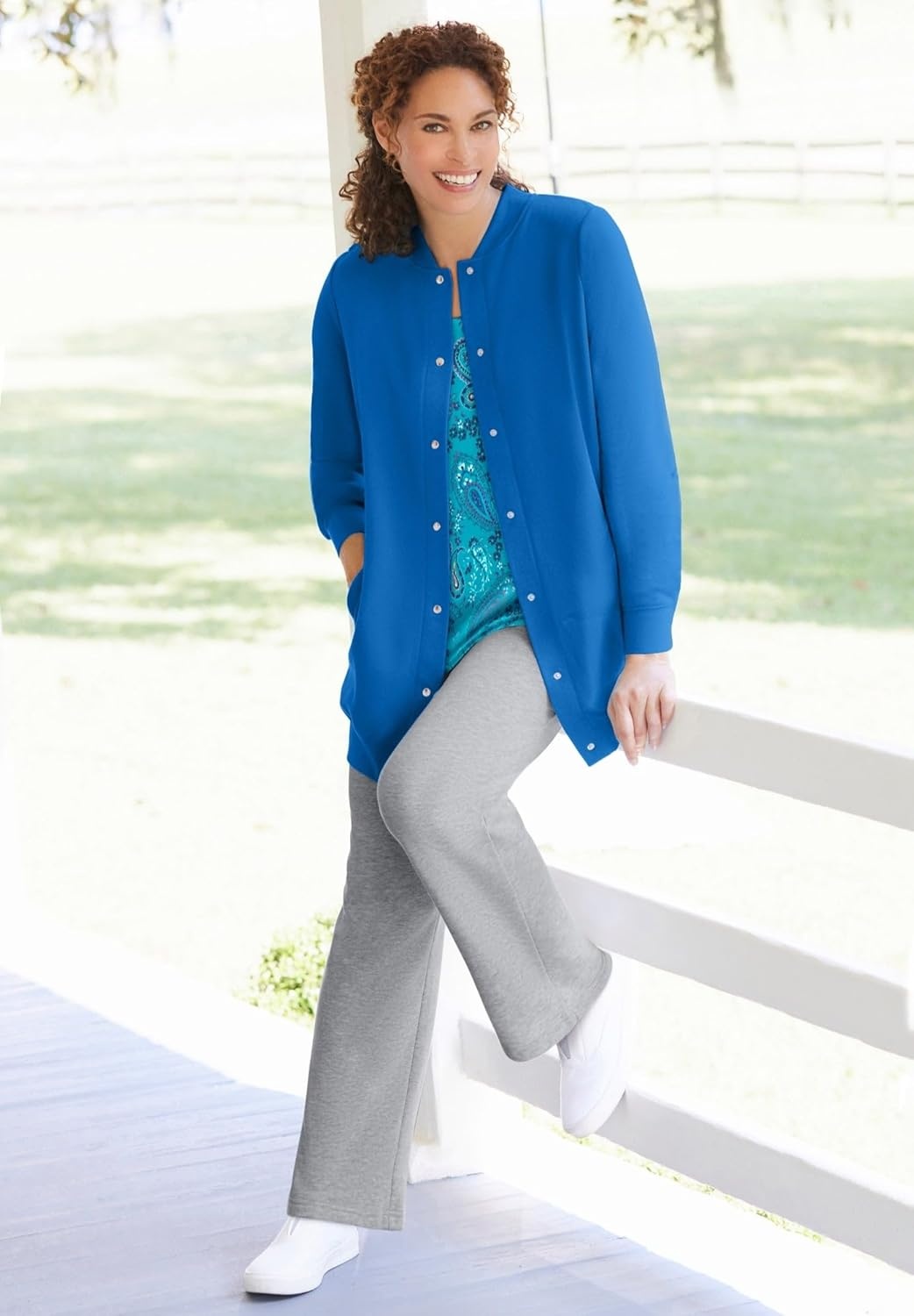 image:imageWoman Within Plus Size Fleece Baseball Jacket Long Oversized Fleece CoatOatmeal