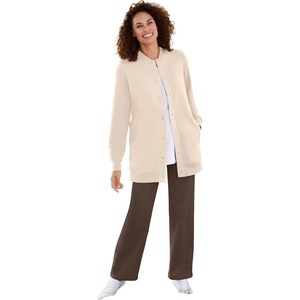 Woman Within Plus Size Fleece Baseball Jacket Long Oversized Fleece Coat(Oatmeal)