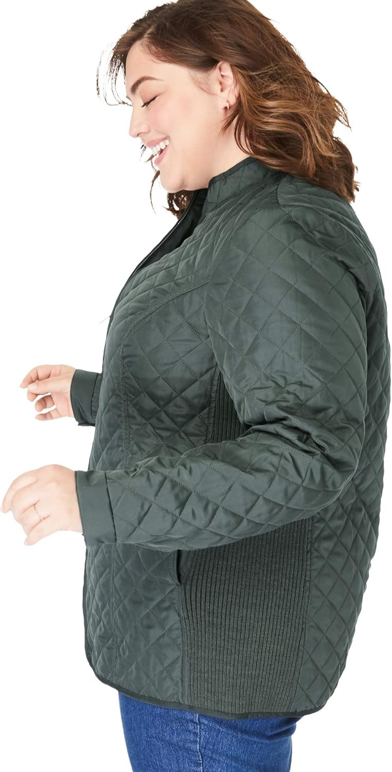 image:imageWoman Within Plus Size ZipFront Quilted Jacket Quilted Lightweight CoatPine