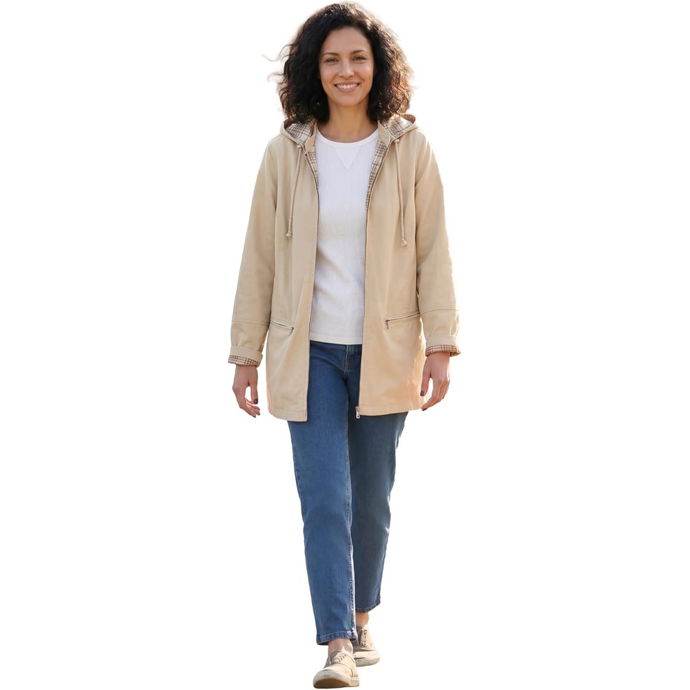 image:imageWoman Within Plus Size FlannelLined Denim Jacket Removable Hood Long Oversized Jean CoatNatural Khaki Ivory Plaid