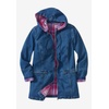 Woman Within Plus Size Flannel-Lined Denim Jacket Removable Hood Long Oversized Jean Coat(Indigo Blue Plaid)