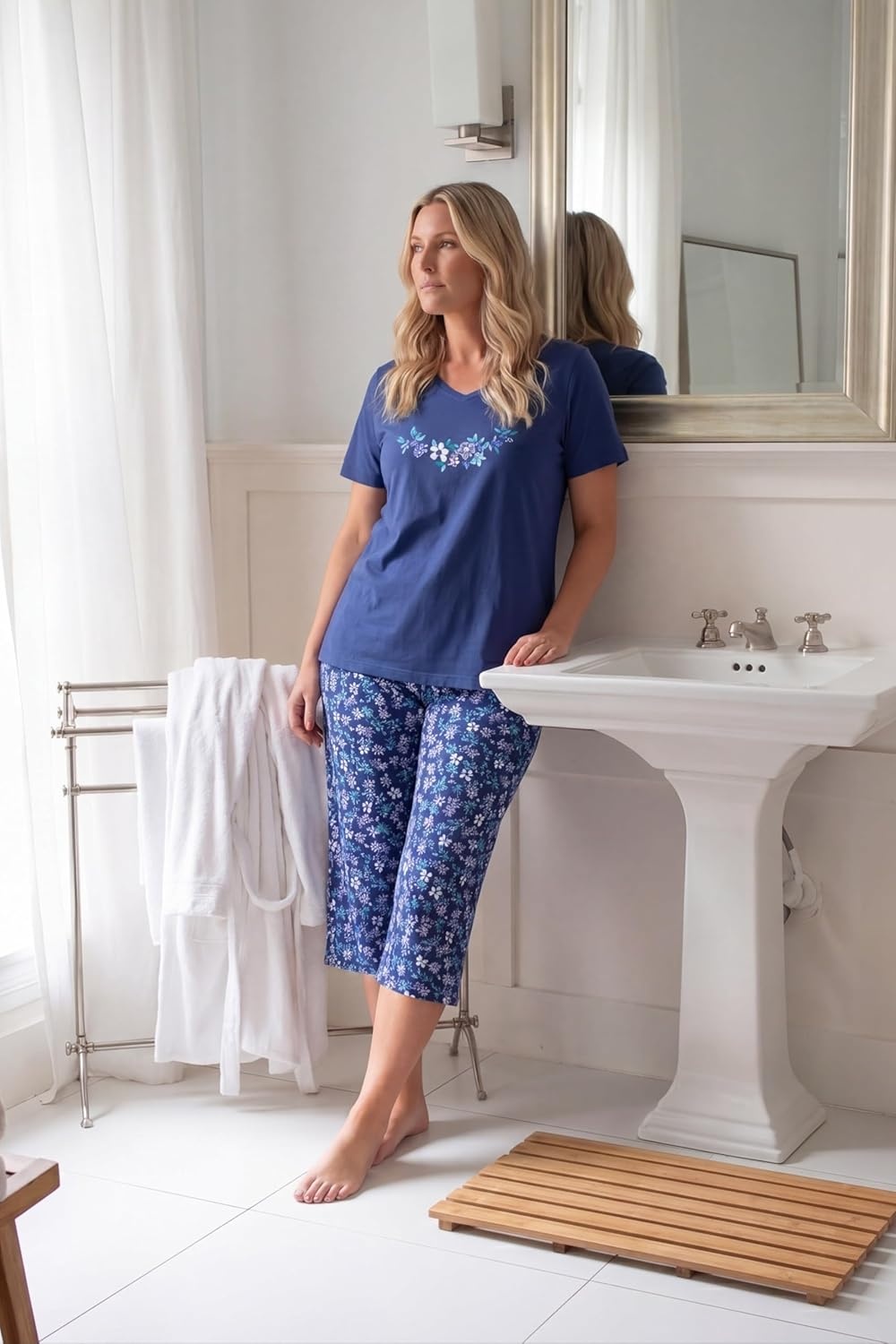 image:imageDreams amp Co Plus Size 2Piece Capri Cotton PJ SetPool Blue Cosmic Dreams