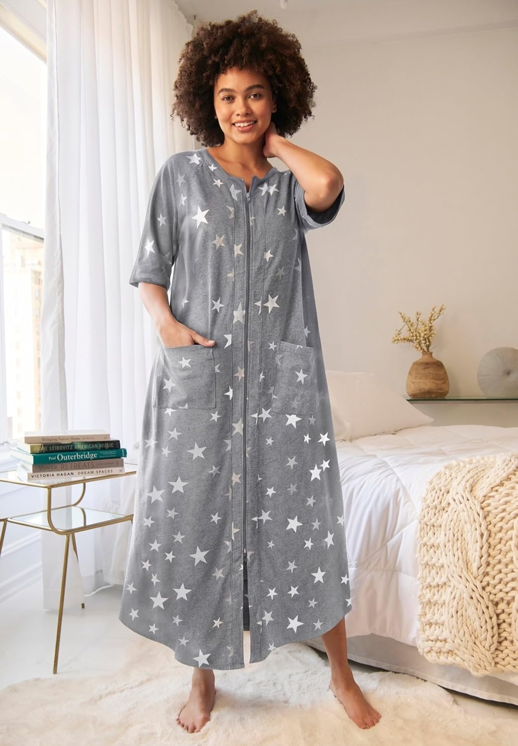 image:imageDreams amp Co Womens Plus Size Long French Terry ZipFront Robe Petite AvailableRich Violet Roses