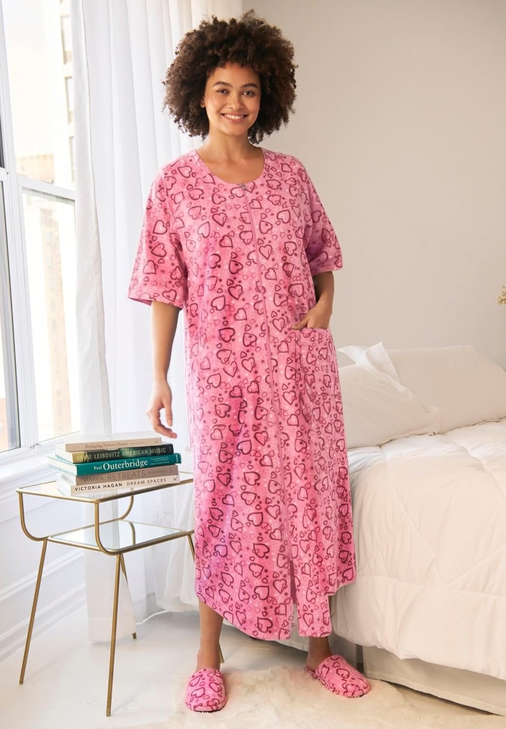 image:imageDreams amp Co Womens Plus Size Long French Terry ZipFront Robe Petite AvailableRich Violet Roses