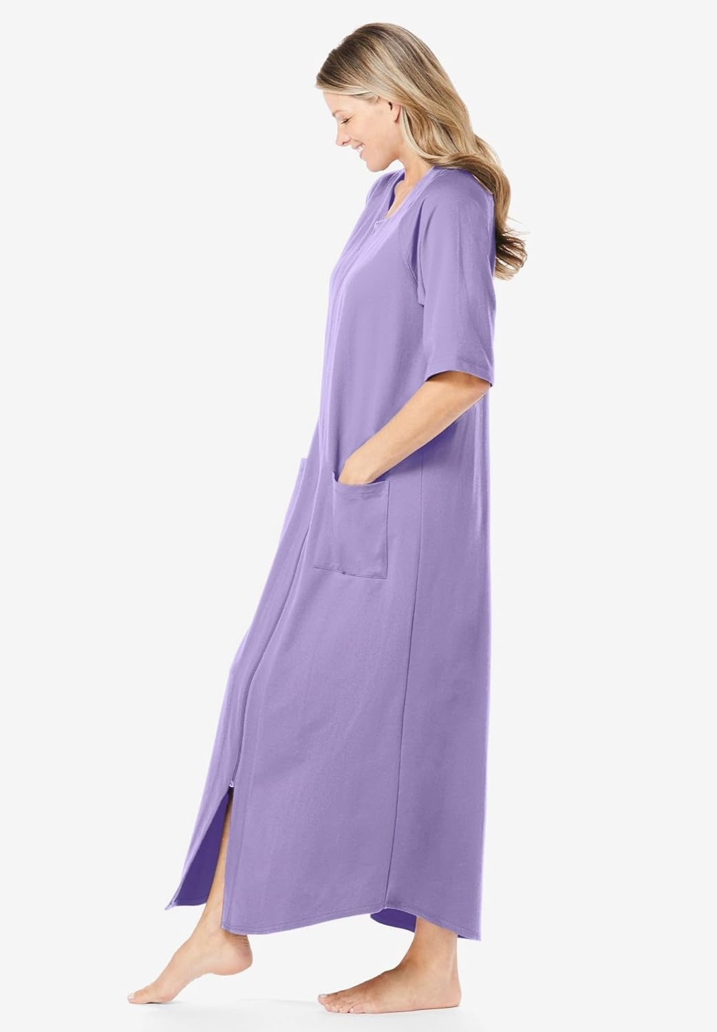 image:imageDreams amp Co Womens Plus Size Long French Terry ZipFront Robe Petite AvailableRich Violet Roses