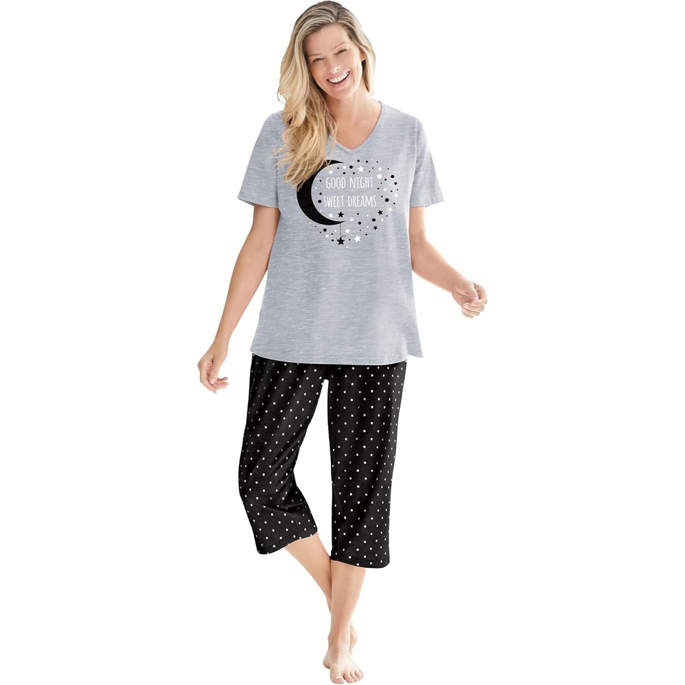 image:imageDreams amp Co Plus Size 2Piece Capri Cotton PJ SetBlack Dot