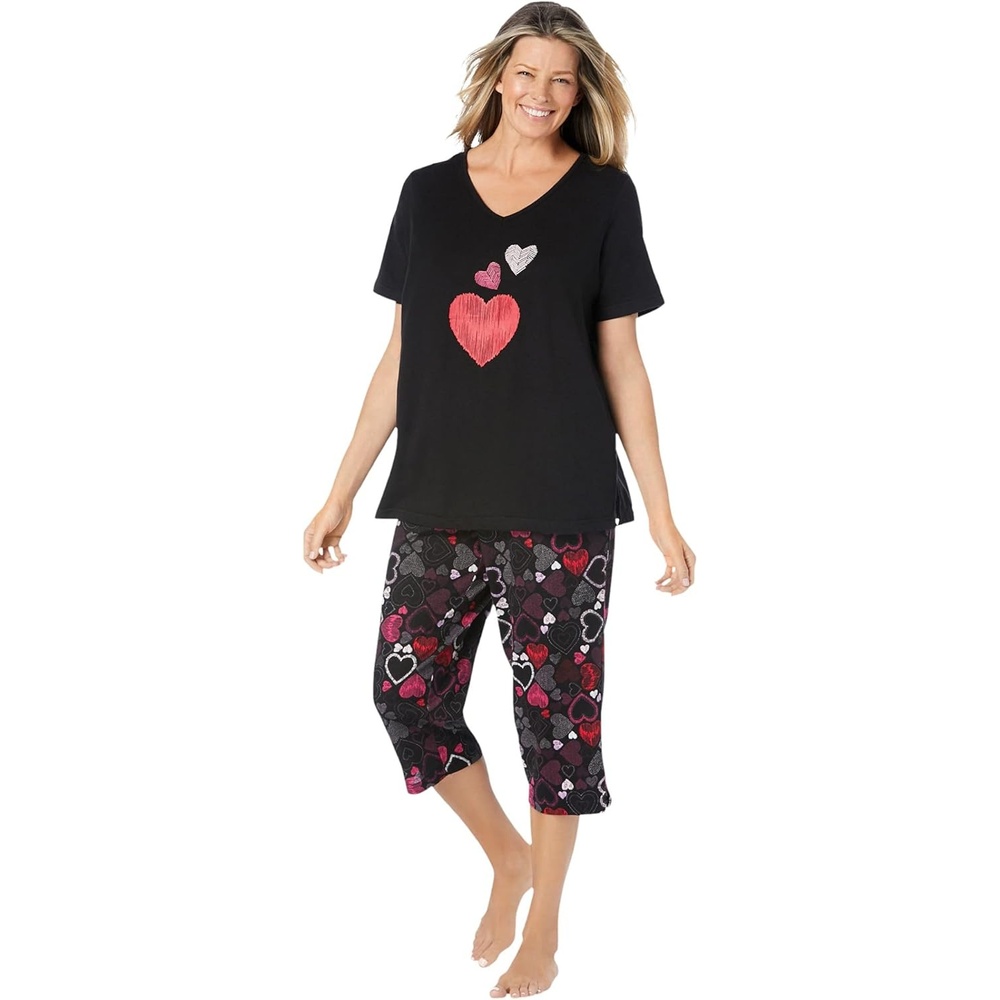 image:imageDreams amp Co Plus Size 2Piece Capri Cotton PJ SetBlack Multi Hearts
