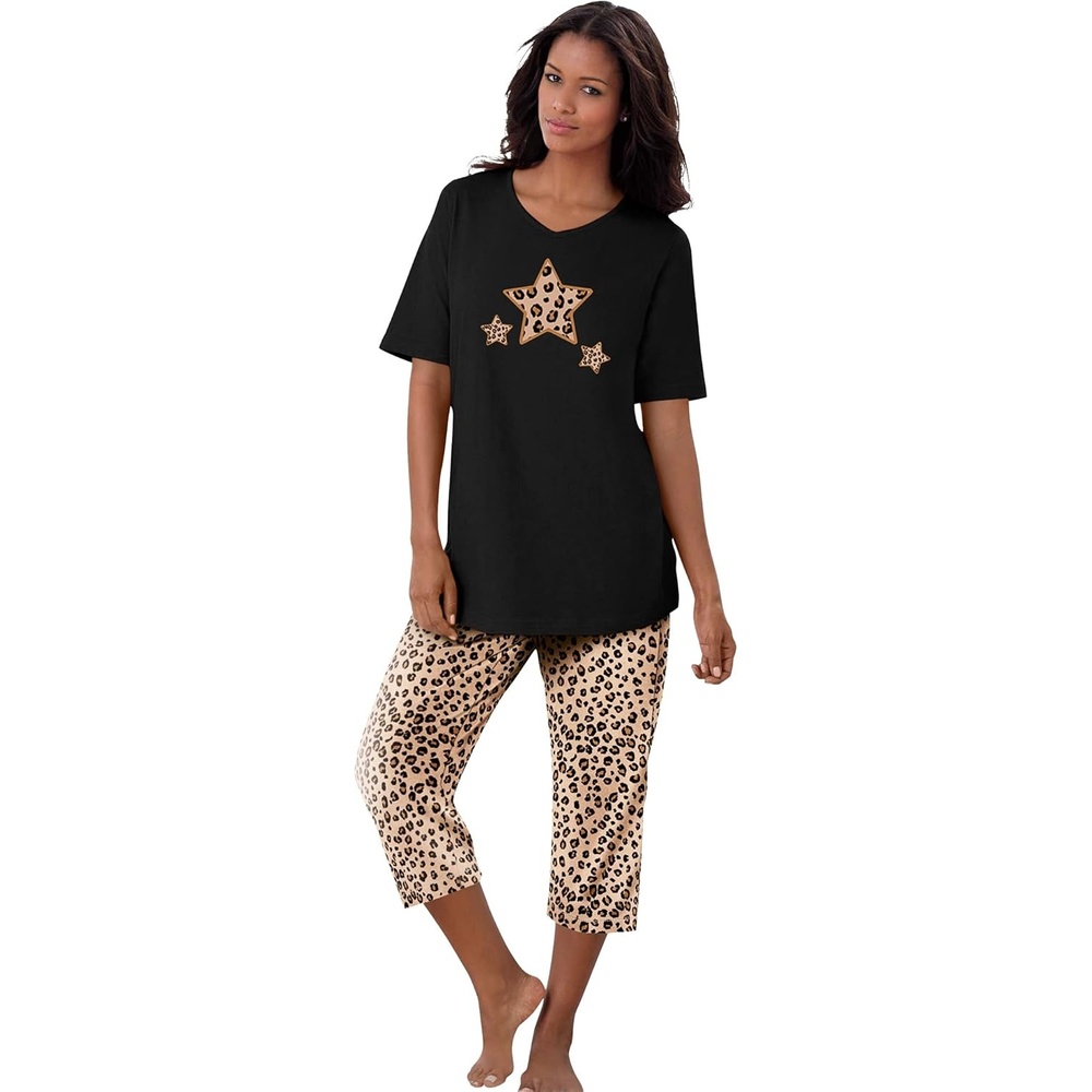 image:imageDreams amp Co Plus Size 2Piece Capri Cotton PJ SetClassic Leopard