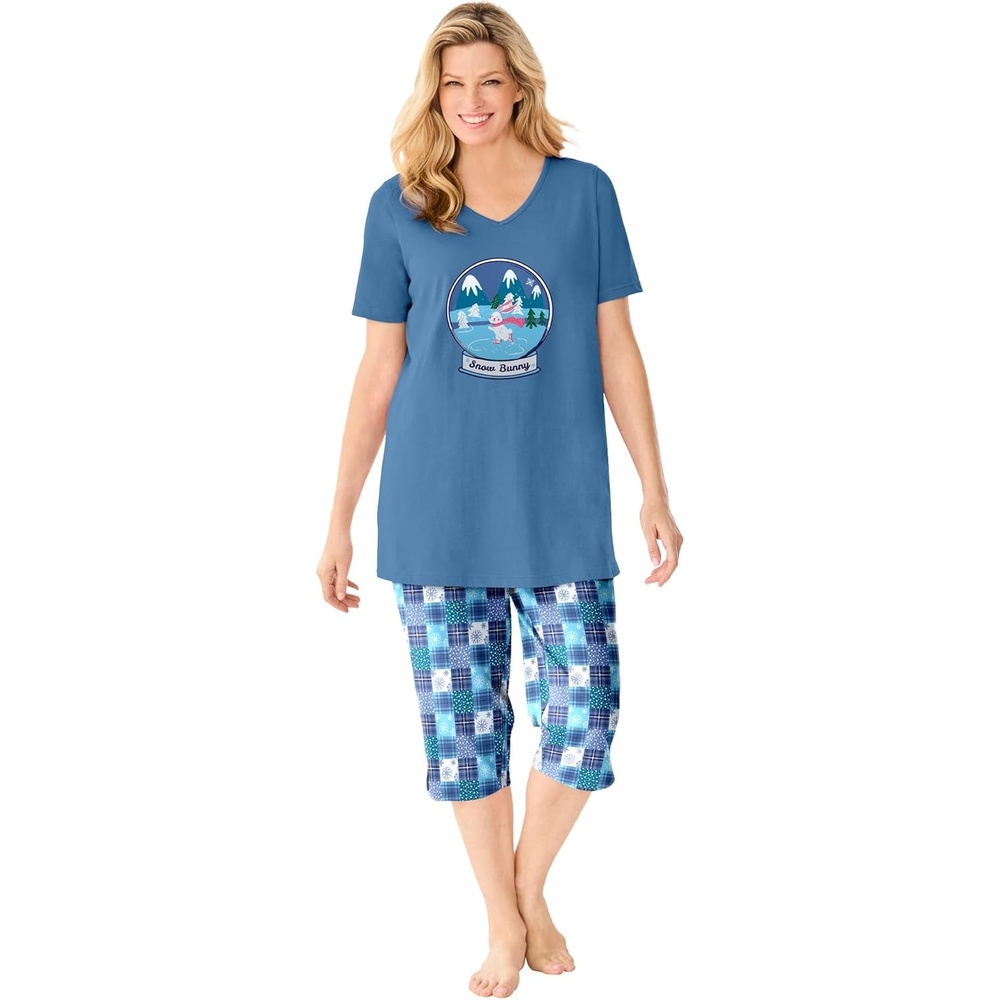 image:imageDreams amp Co Plus Size 2Piece Capri Cotton PJ SetDusty Indigo Snow Bunny