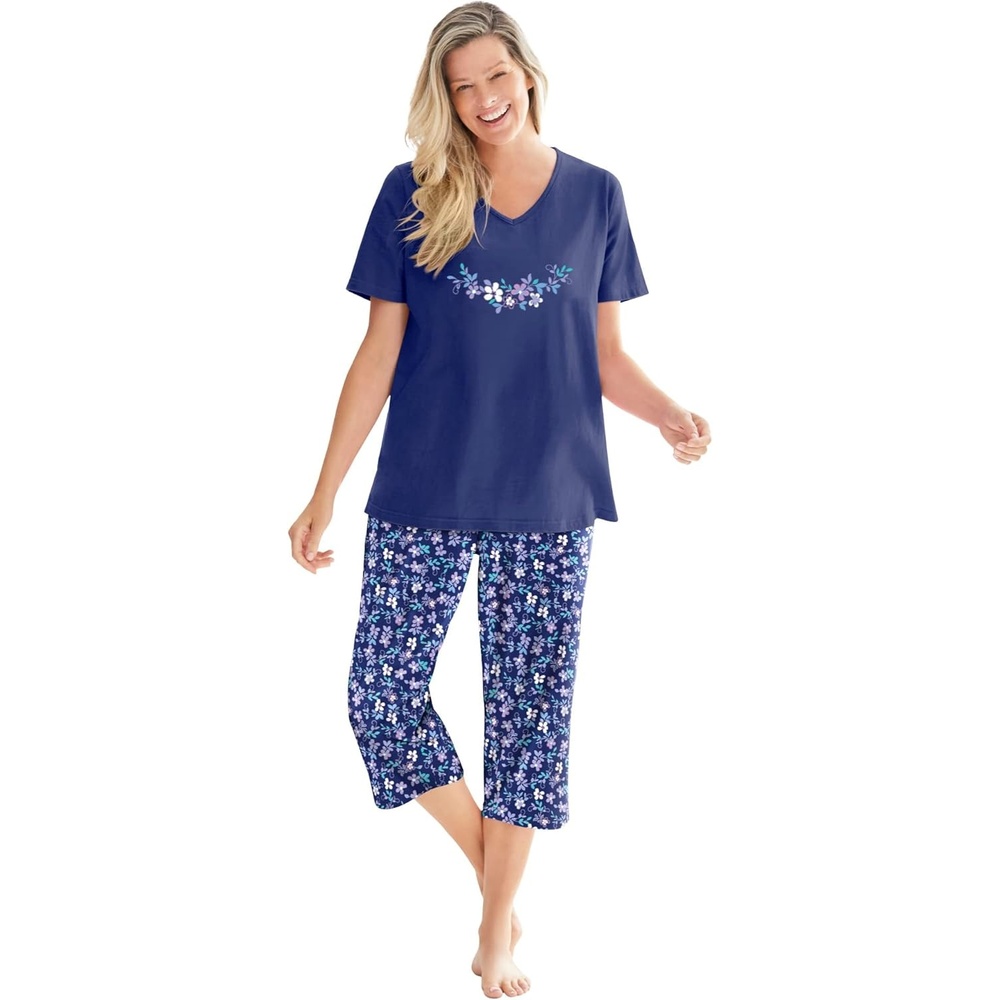 image:imageDreams amp Co Plus Size 2Piece Capri Cotton PJ SetEvening Blue Flowers