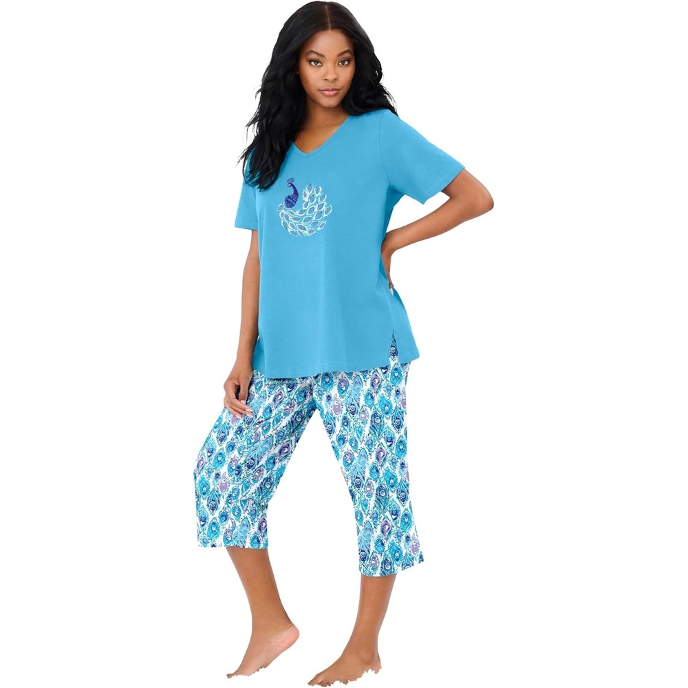 image:imageDreams amp Co Plus Size 2Piece Capri Cotton PJ SetGlass Blue Peacock