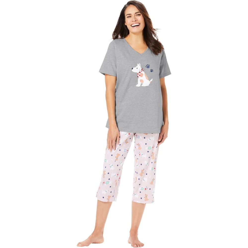 image:imageDreams amp Co Plus Size 2Piece Capri Cotton PJ SetHeather Grey Spring Dog
