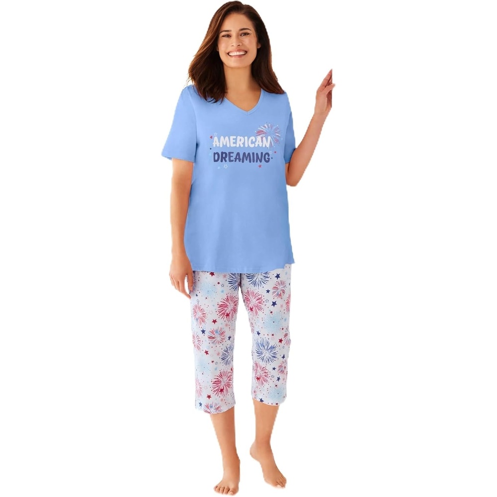 image:imageDreams amp Co Plus Size 2Piece Capri Cotton PJ SetMulti American Dreaming
