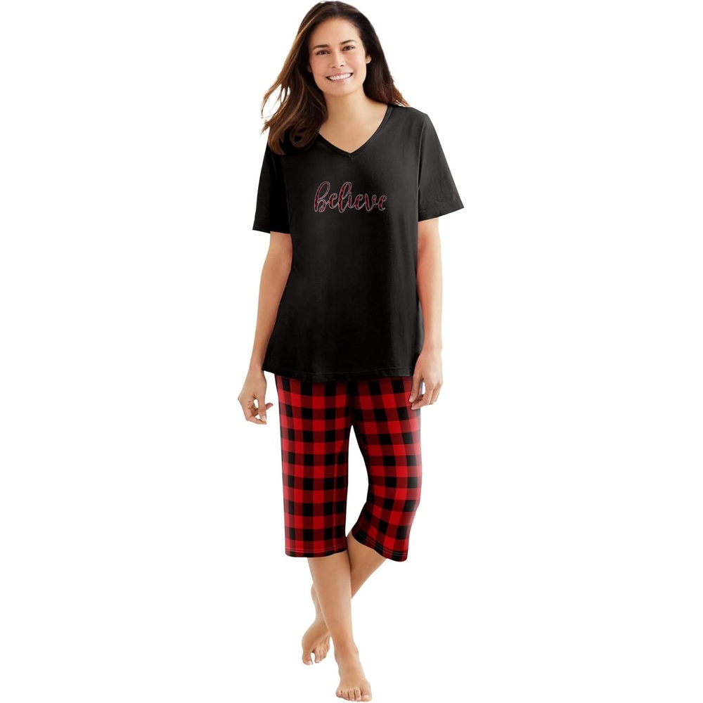 image:imageDreams amp Co Plus Size 2Piece Capri Cotton PJ SetRed Buffalo Plaid