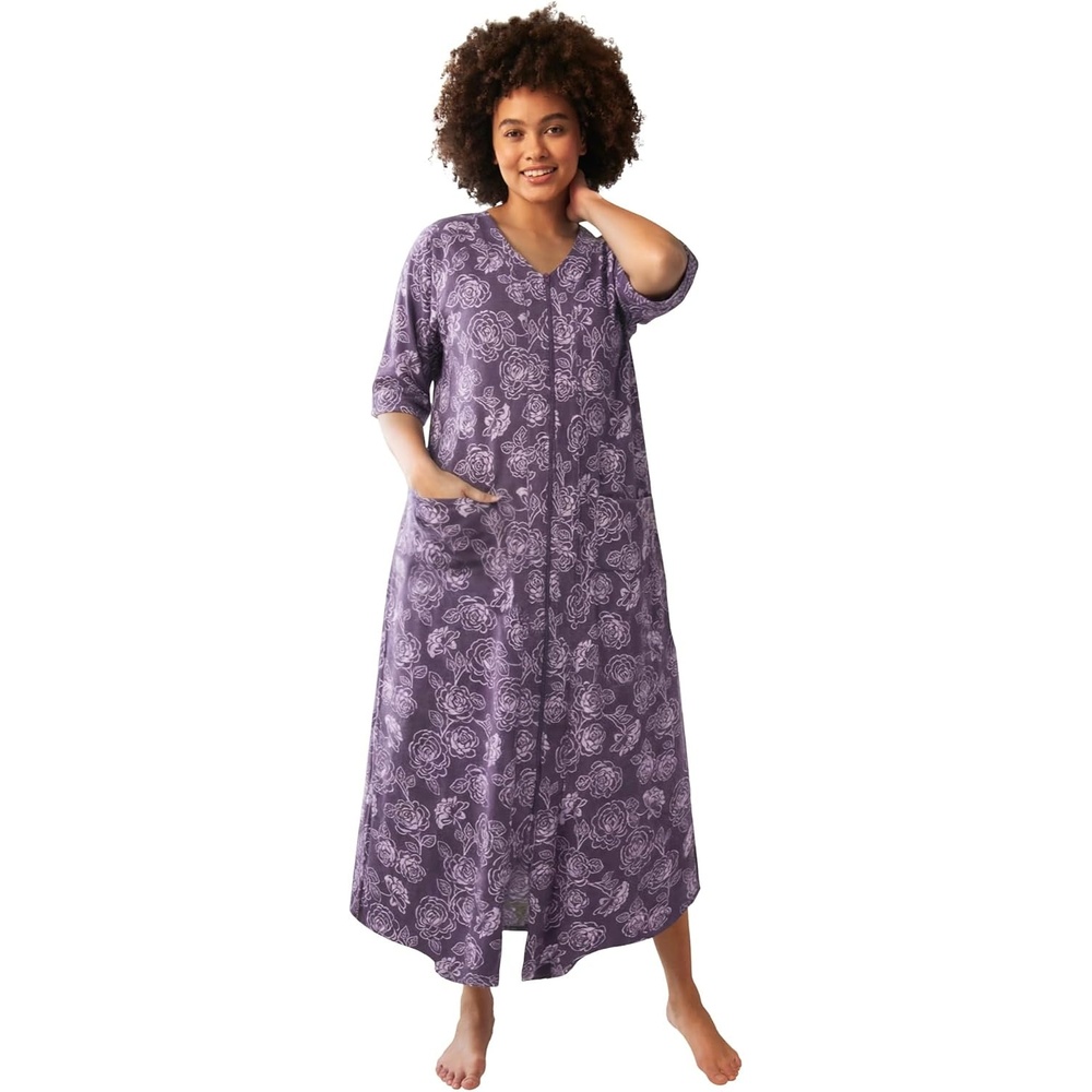 image:imageDreams amp Co Womens Plus Size Long French Terry ZipFront Robe Petite AvailableRich Violet Roses