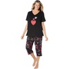Dreams & Co. Plus Size 2-Piece Capri Cotton PJ Set(Black Multi Hearts)