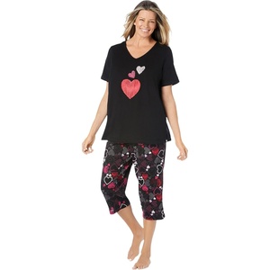 Dreams & Co. Plus Size 2-Piece Capri Cotton PJ Set(Black Multi Hearts)