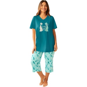Dreams & Co. Plus Size 2-Piece Capri Cotton PJ Set(Deep Teal Cat)