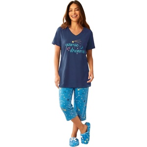 Dreams & Co. Plus Size 2-Piece Capri Cotton PJ Set(Pool Blue Cosmic Dreams)