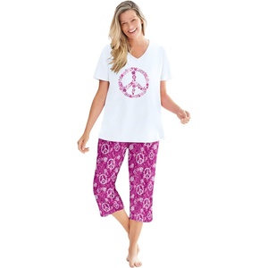 Dreams & Co. Plus Size 2-Piece Capri Cotton PJ Set(Raspberry Peace Sign)