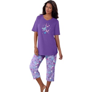 Dreams & Co. Plus Size 2-Piece Capri Cotton PJ Set(Soft Iris Butterflies)