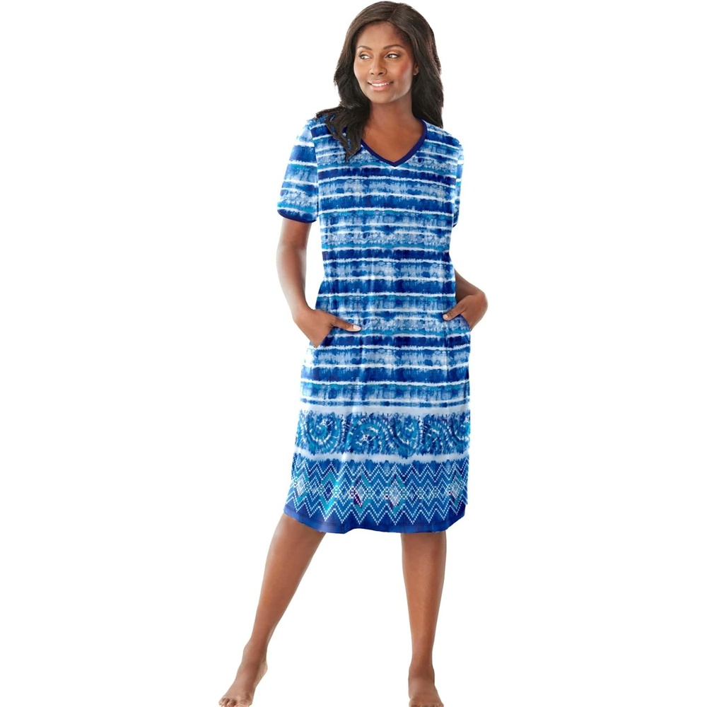 image:imageDreams amp Co Plus Size VNeck Short Sleeve Short TShirt LoungerBright Cobalt Tie Dye Stripe