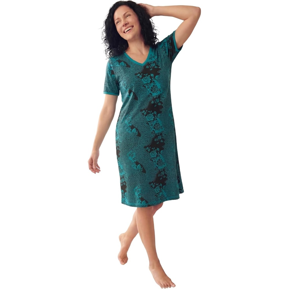 image:imageDreams amp Co Plus Size VNeck Short Sleeve Short TShirt LoungerDeep Teal Patchwork Floral