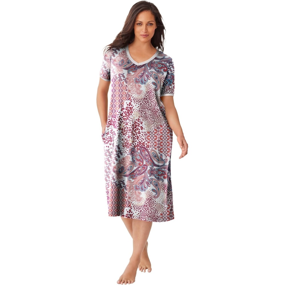 image:imageDreams amp Co Plus Size VNeck Short Sleeve Short TShirt LoungerIvory Patchwork