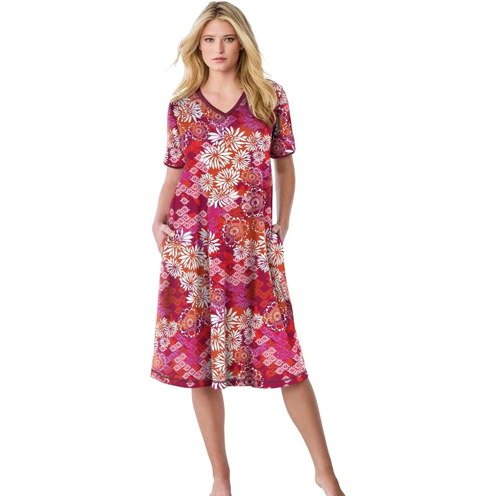 image:imageDreams amp Co Plus Size VNeck Short Sleeve Short TShirt LoungerPomegranate Floral