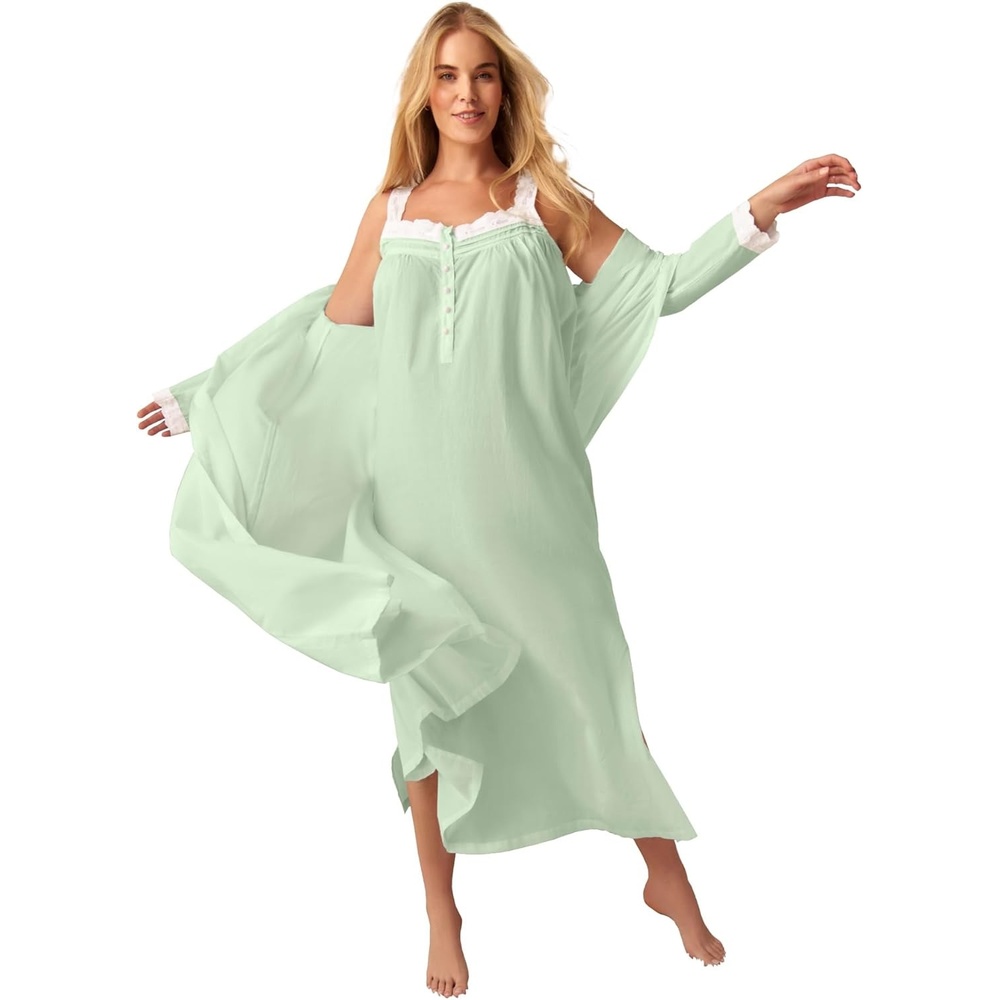 image:imageOnly Necessities Plus Size Long 2Piece CabbageRose Peignoir SetLight Sage