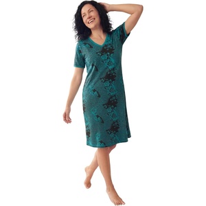 Dreams & Co. Plus Size V-Neck Short Sleeve Short T-Shirt Lounger(Deep Teal Patchwork Floral)