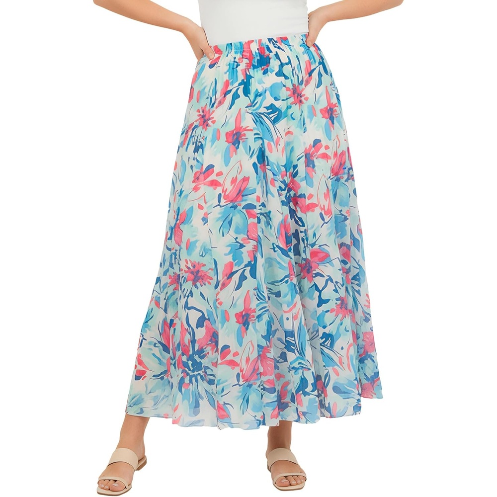 image:imageWoman Within Plus Size PullOn Elastic Waist Crinkle Printed SkirtWhite Multi Splash