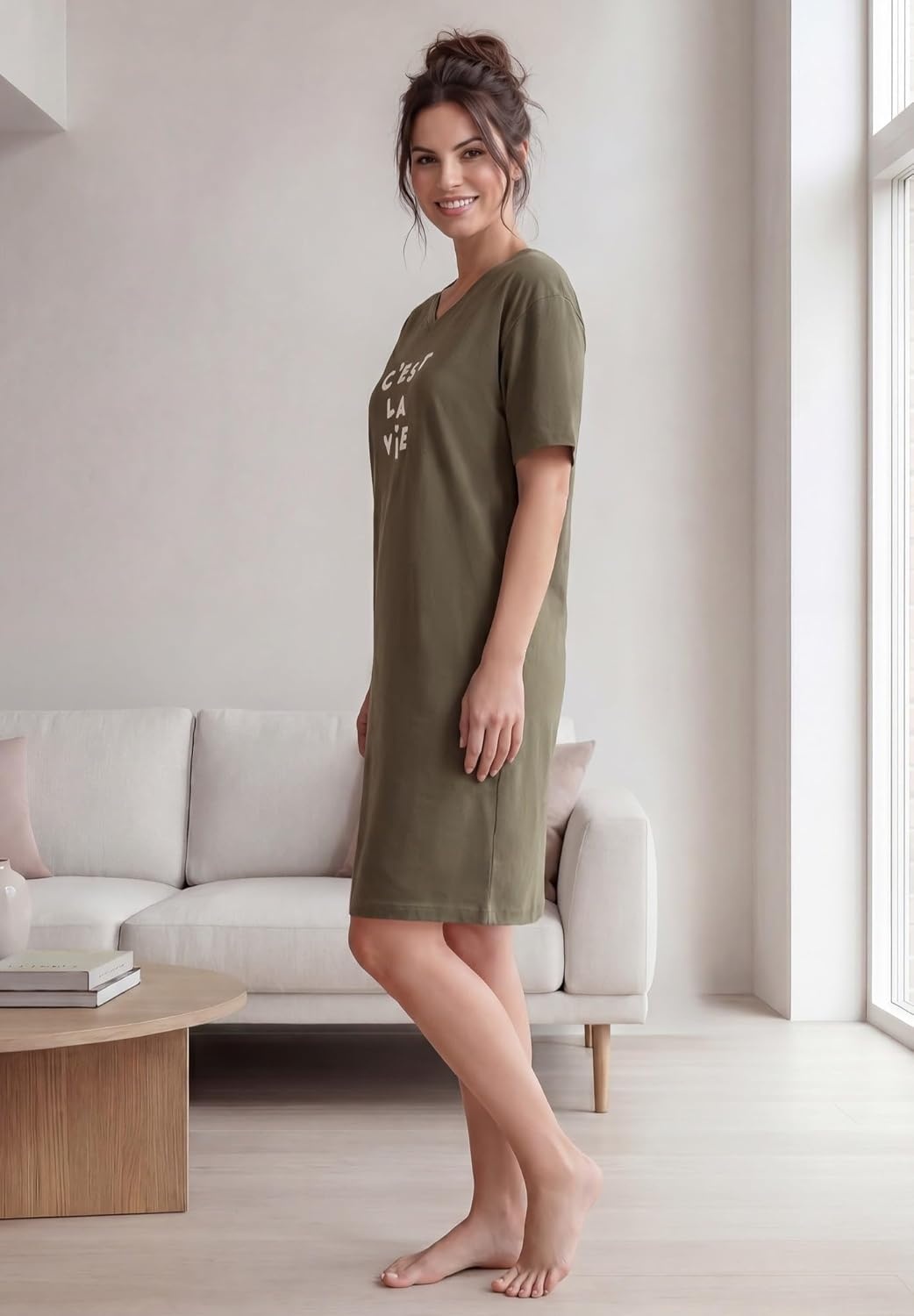 image:imageellos Plus Size Cotton Spandex Vneck Short Sleeve Sleep ShirtDeep Olive Graphic