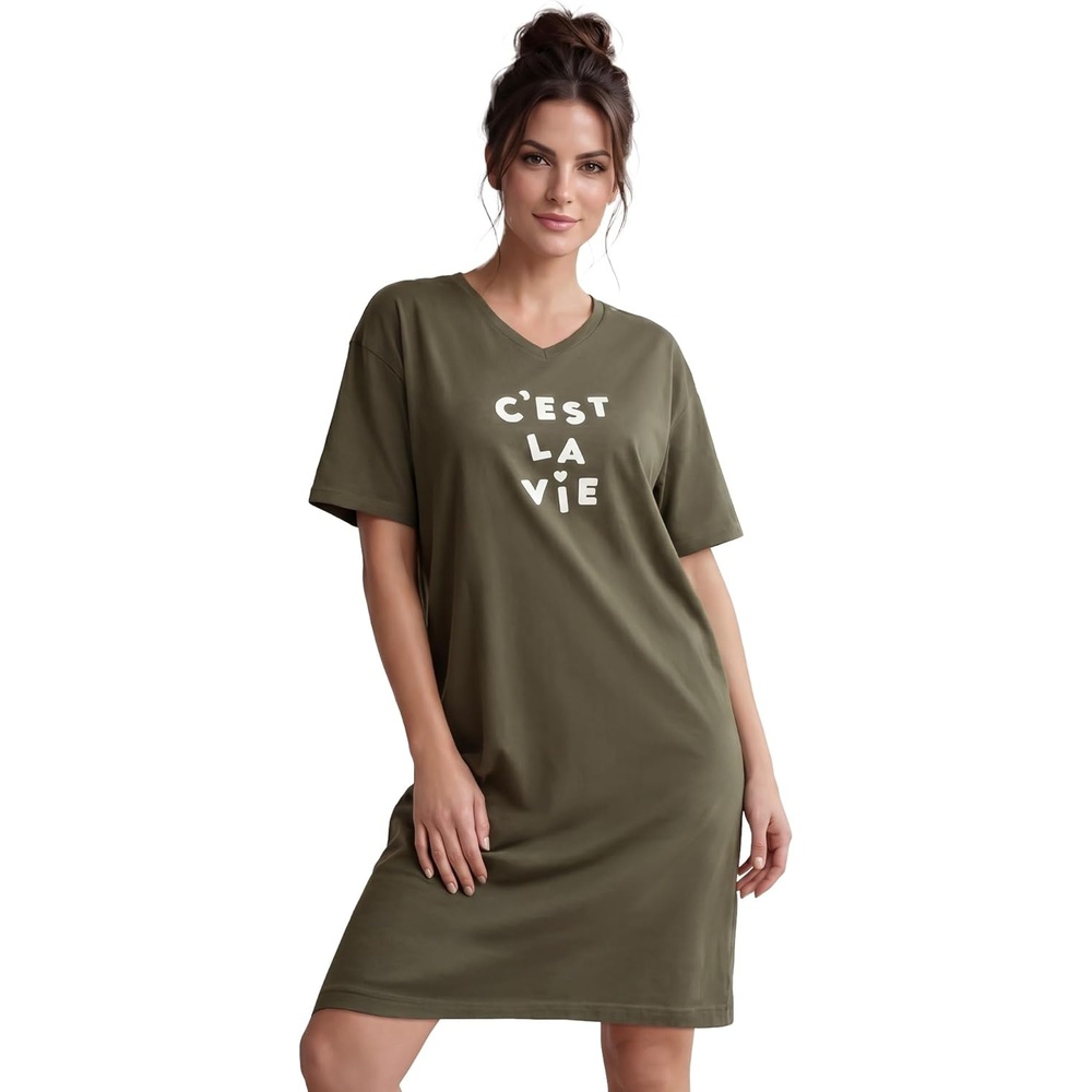 image:imageellos Plus Size Cotton Spandex Vneck Short Sleeve Sleep ShirtDeep Olive Graphic