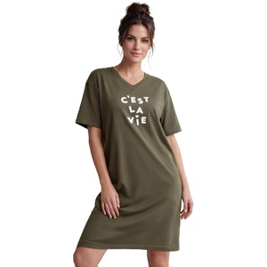 ellos Plus Size Cotton Spandex Vneck Short Sleeve Sleep Shirt(Deep Olive Graphic)