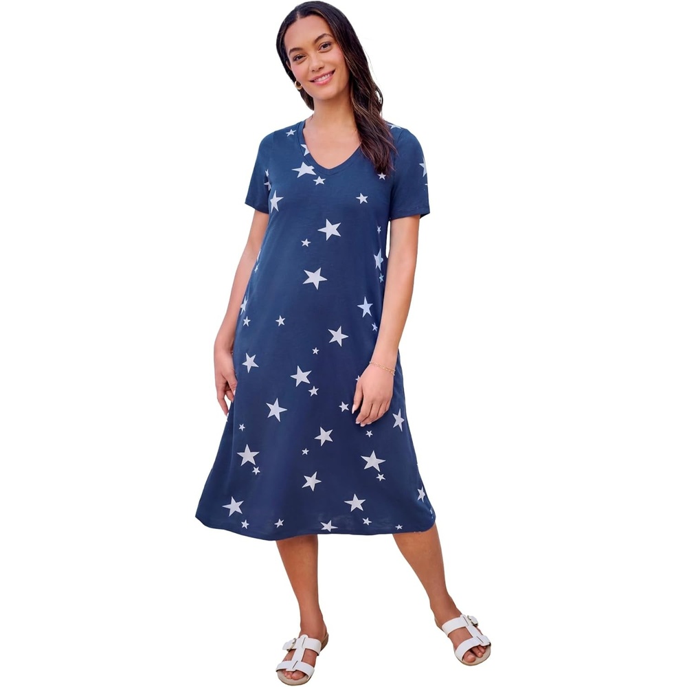 image:imageWoman Within Plus Size Perfect ShortSleeve VNeck Tee DressEvening Blue Stars
