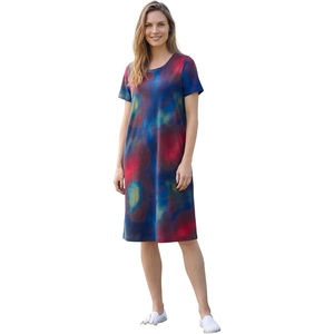 Woman Within Plus Size Perfect Short-Sleeve Crewneck Tee Dress(Navy Multi Tie Dye)