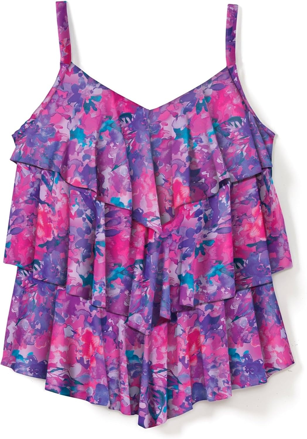 image:imageSwimsuits For All Swim 365 Womens Plus Size LongerLength VNeck TieredRuffle Tummy Control Tankini TopBright Fuchsia Watercolor Floral