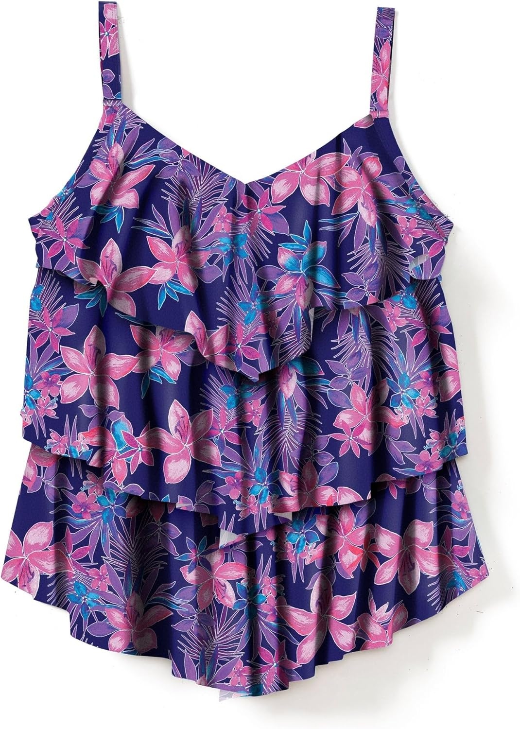 image:imageSwimsuits For All Swim 365 Womens Plus Size LongerLength VNeck TieredRuffle Tummy Control Tankini TopNavy Tropical Floral