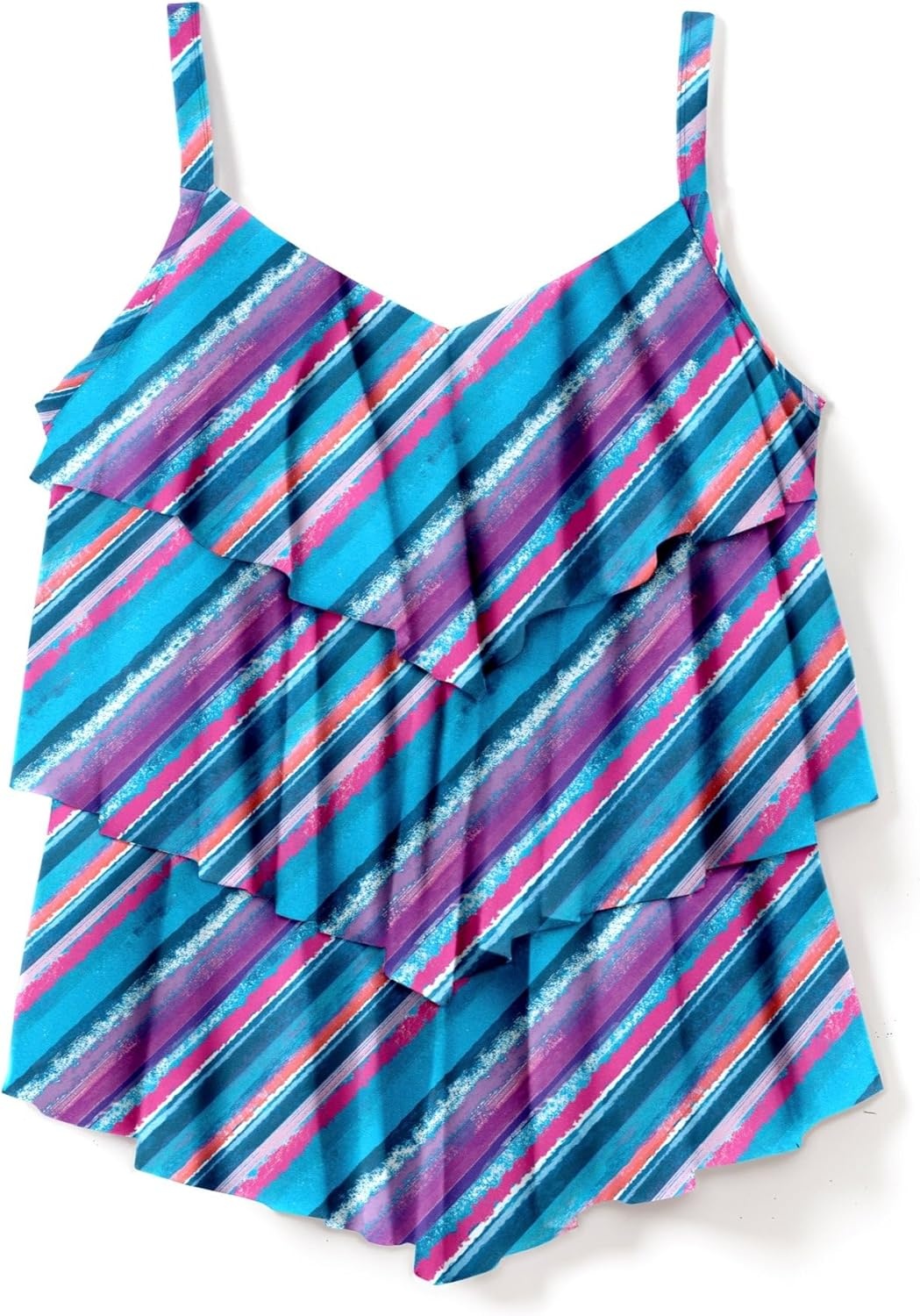 image:imageSwimsuits For All Swim 365 Womens Plus Size LongerLength VNeck TieredRuffle Tummy Control Tankini TopTurq Paradise Stripe