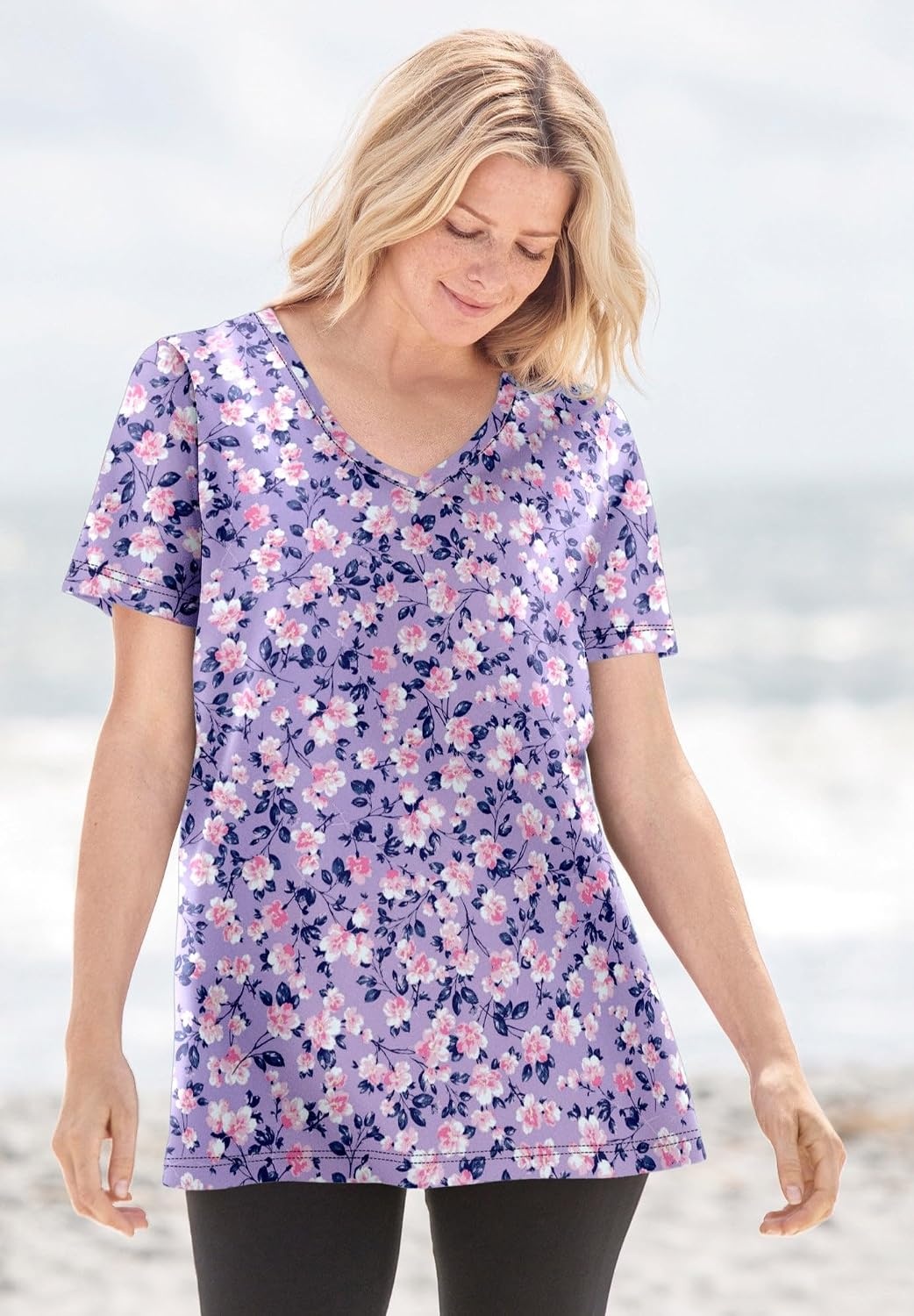 image:imageWoman Within Plus Size Perfect Printed ShortSleeve VNeck TeeWaterfall Multi Bloom