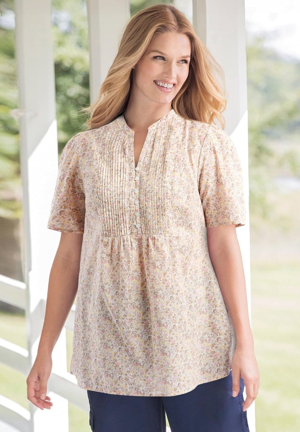 image:imageWoman Within Plus Size Pintucked HalfButton TunicChocolate Blooming Ditsy