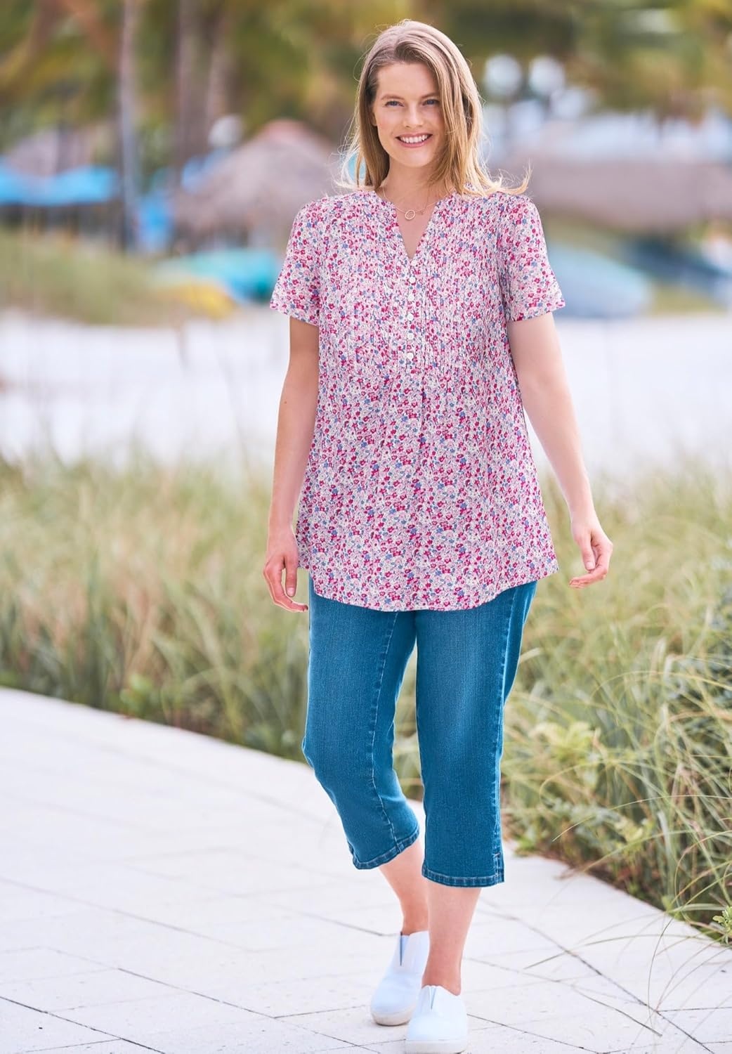 image:imageWoman Within Plus Size Pintucked HalfButton TunicChocolate Blooming Ditsy