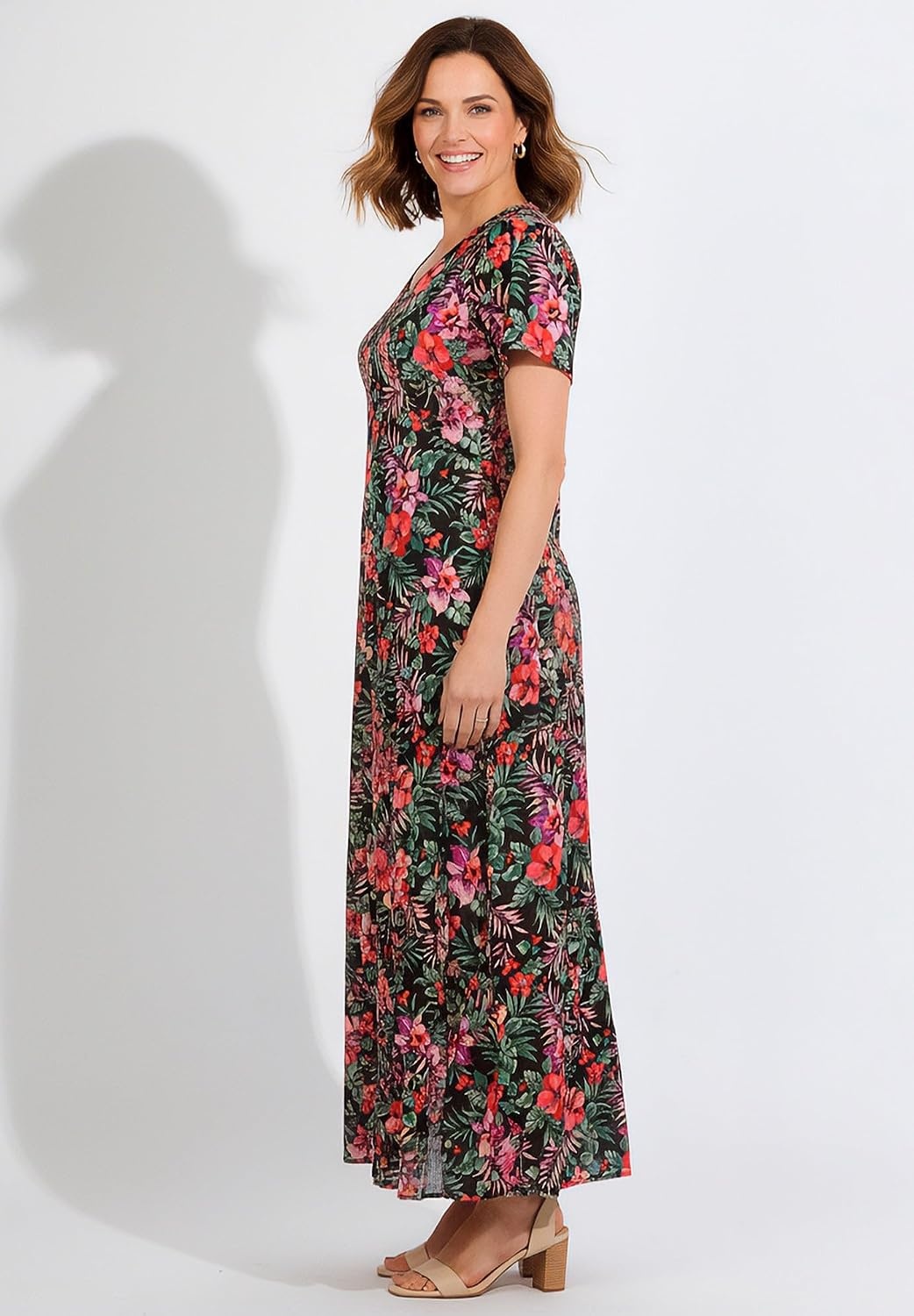 image:imageWoman Within Plus Size Printed ShortSleeve Crinkle Maxi DressBlack Coral Paradise