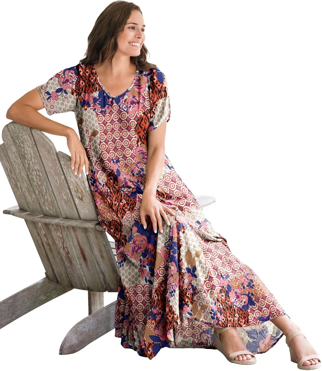 image:imageWoman Within Plus Size Printed ShortSleeve Crinkle Maxi DressEvening Blue Wild Floral