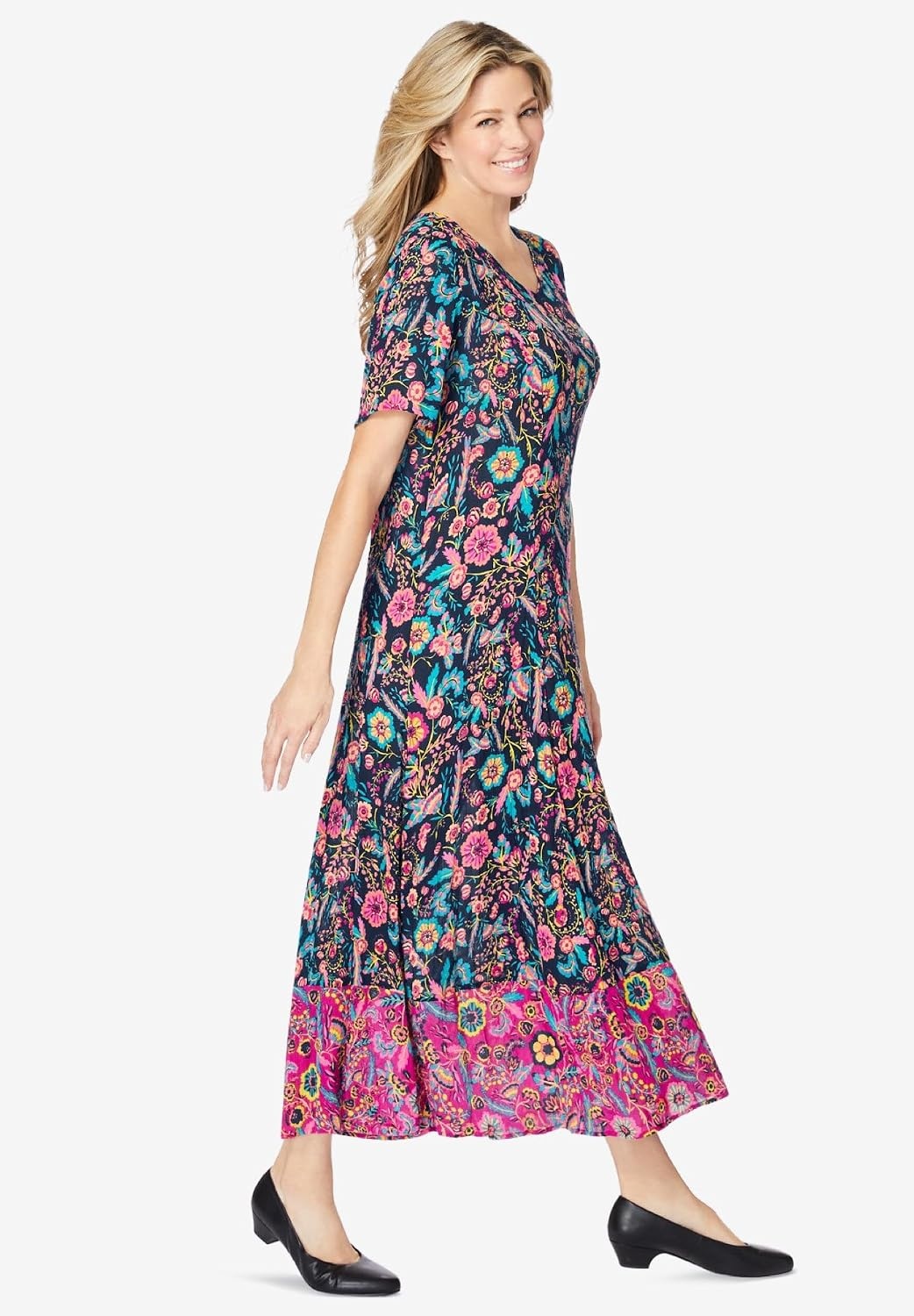 image:imageWoman Within Plus Size Printed ShortSleeve Crinkle Maxi DressNavy Garden Border