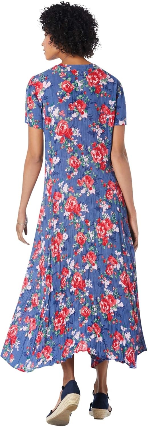 image:imageWoman Within Plus Size Printed ShortSleeve Crinkle Maxi DressNavy Painterly Bouquet