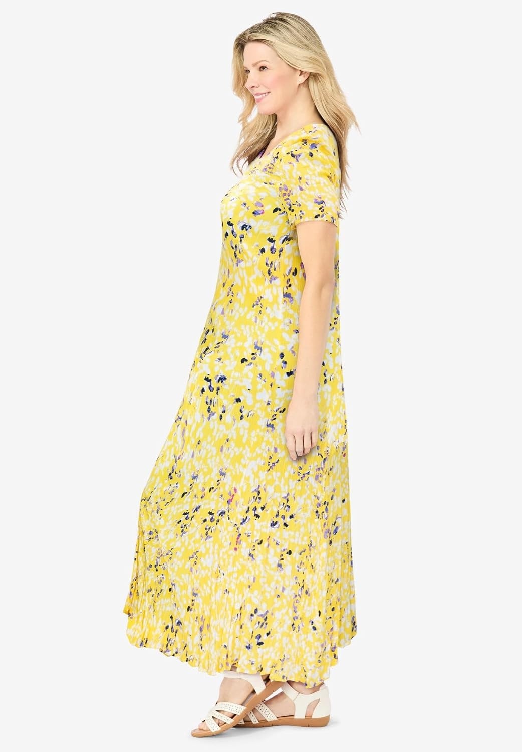 image:imageWoman Within Plus Size Printed ShortSleeve Crinkle Maxi DressPrimrose Yellow Leaf