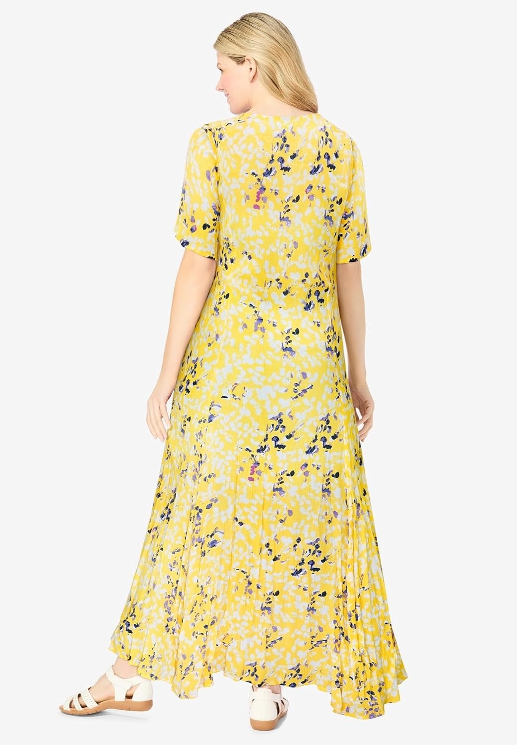 image:imageWoman Within Plus Size Printed ShortSleeve Crinkle Maxi DressPrimrose Yellow Leaf