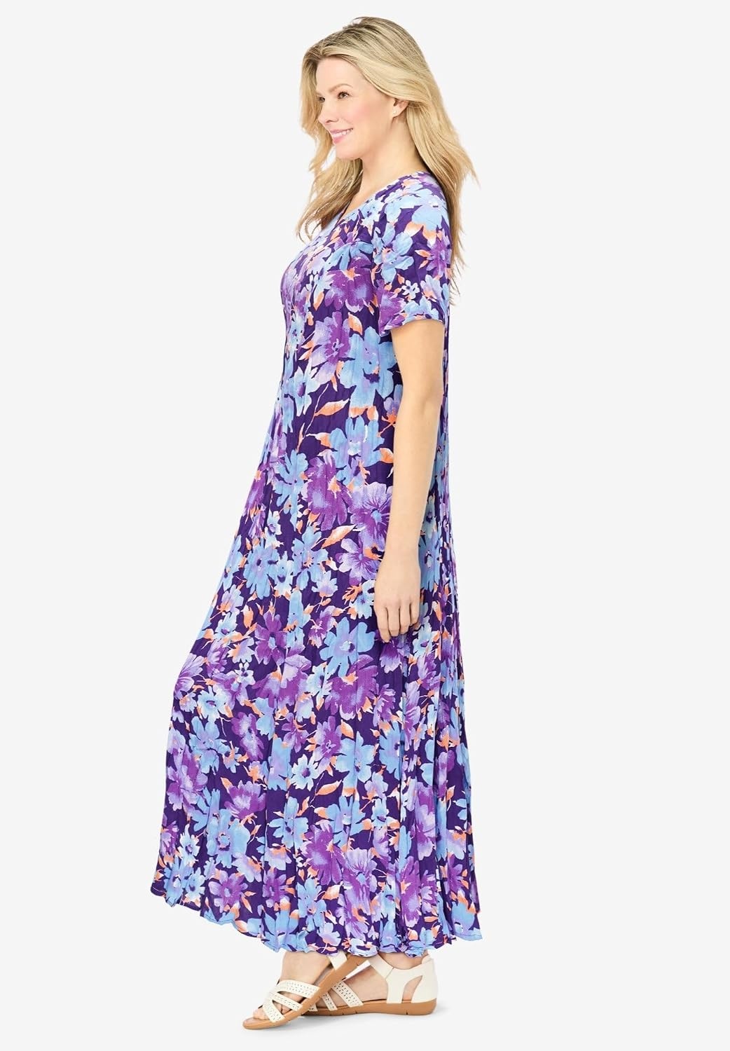 image:imageWoman Within Plus Size Printed ShortSleeve Crinkle Maxi DressRadiant Purple Floral